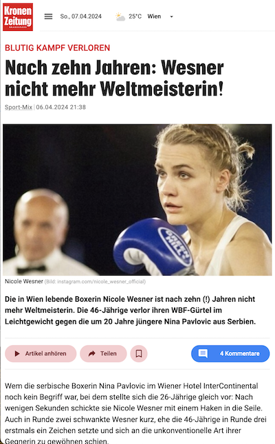 krone.at: Nach 10 Jahren Wesner nicht mehr Weltmeisterin